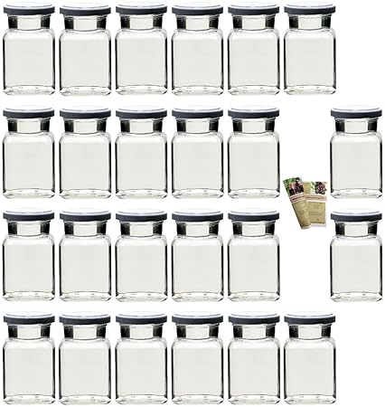 gouveo 24er Set Einmachgläser Quadrat 150 ml Drehverschluss Silber und 28-seitige Flaschendiscount-Rezeptbroschüre, Vorratsgl