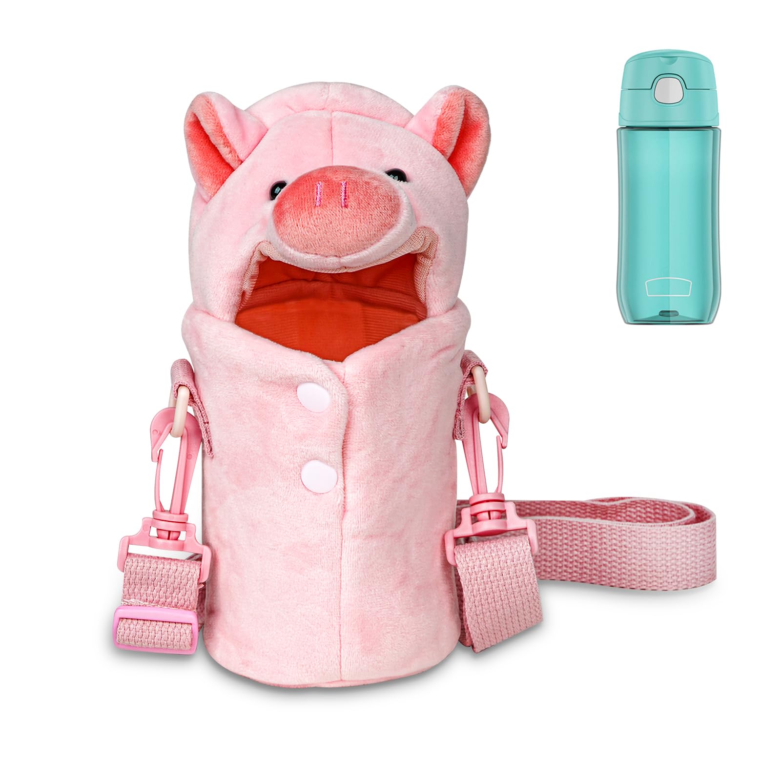Linkidea Plush Water Bottle Carrier with Strap Compatible with Thermos FUNTAINER Steel/Tritan 12oz/16oz, Warm Pig Waterbottle Sling Bag Holder with Shoulder Strap