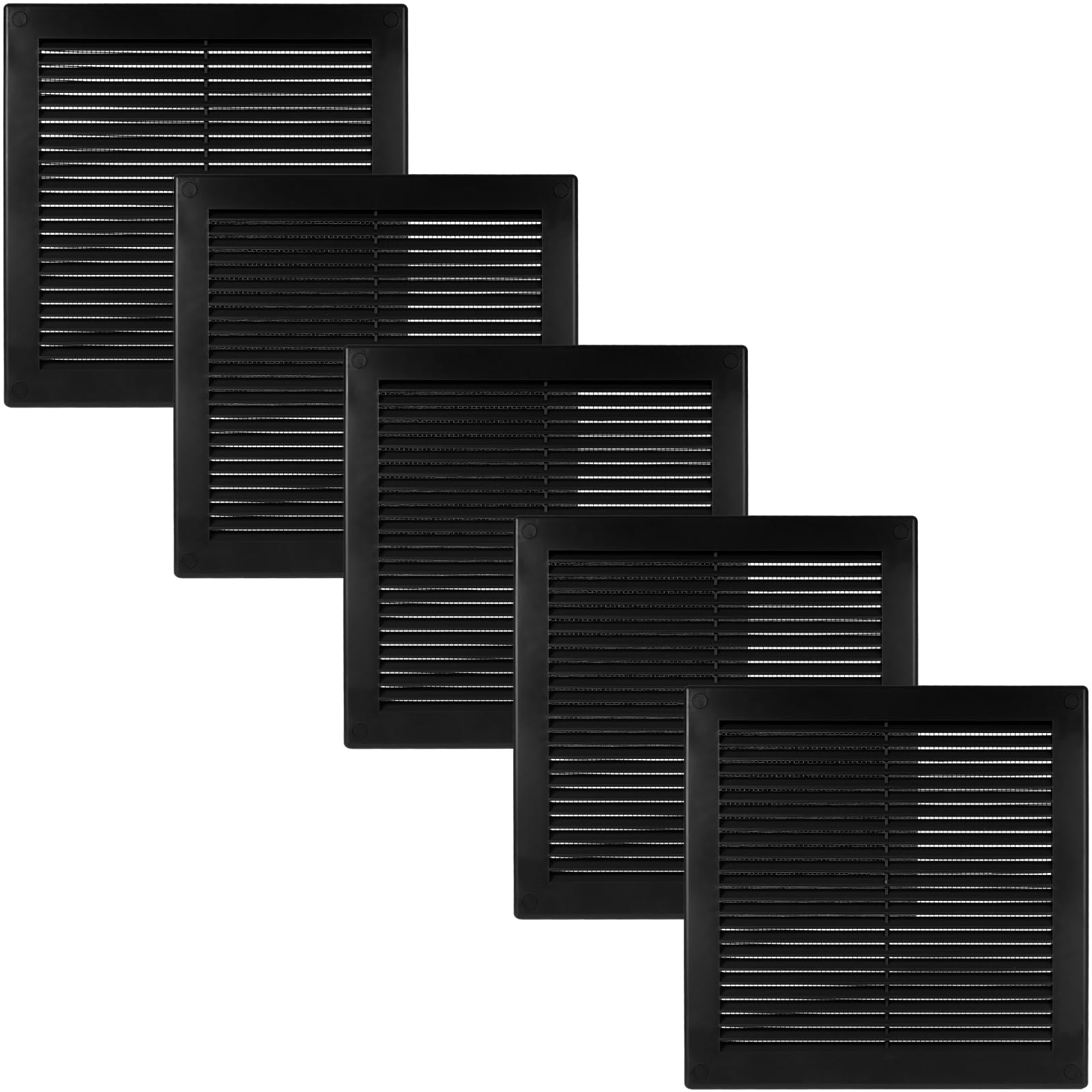 Vent Systems 250 x 250 mm / 10'' x 10'' Inch Black Soffit Vent Cover - Pack of 5 - Flat Square Air Vent Louver - Grille Cover - Built-in Insect Screen - HVAC Vents for Bathroom, Home Office, Kitchen