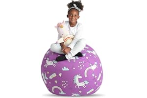 Creative QT Stuff ’n Sit Large 33’’ Stuffed Animal Storage Bean Bag Cover for Toys, Giant Bean Bag Chair for Plush, Toddler & Kids Bedroom Organizer, Purple Unicorn