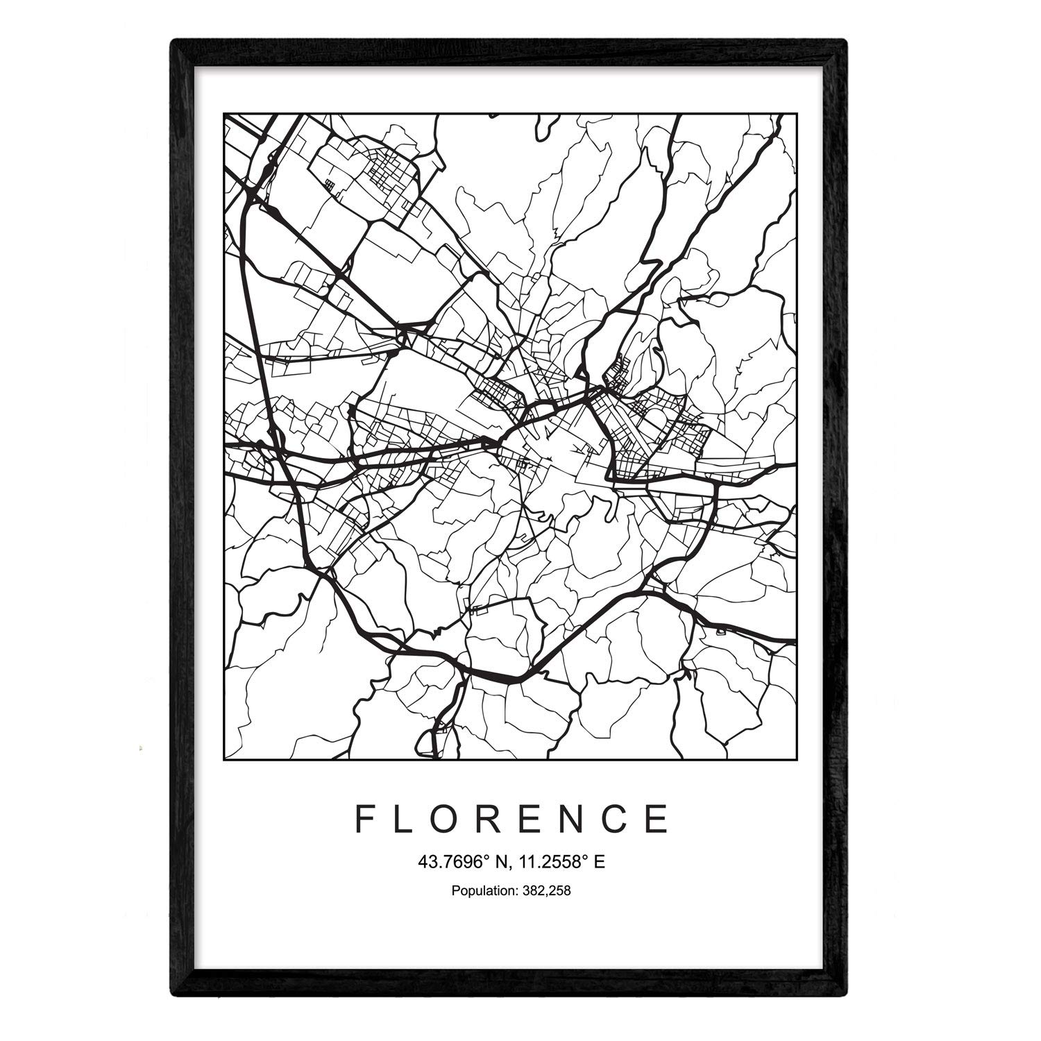 Art Print Florence city map Nordic style black and white. Poster A4 Printed paper No 250 gr. Paintings, prints and posters for living room and bedroom