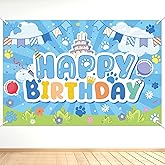 Blue Cartoon Happy Birthday Backdrop, Dog Paw Birthday Background Decorations Cute Photo Banner Wall Decor for Boys Girls Kids Cartoon Theme Party Supplies