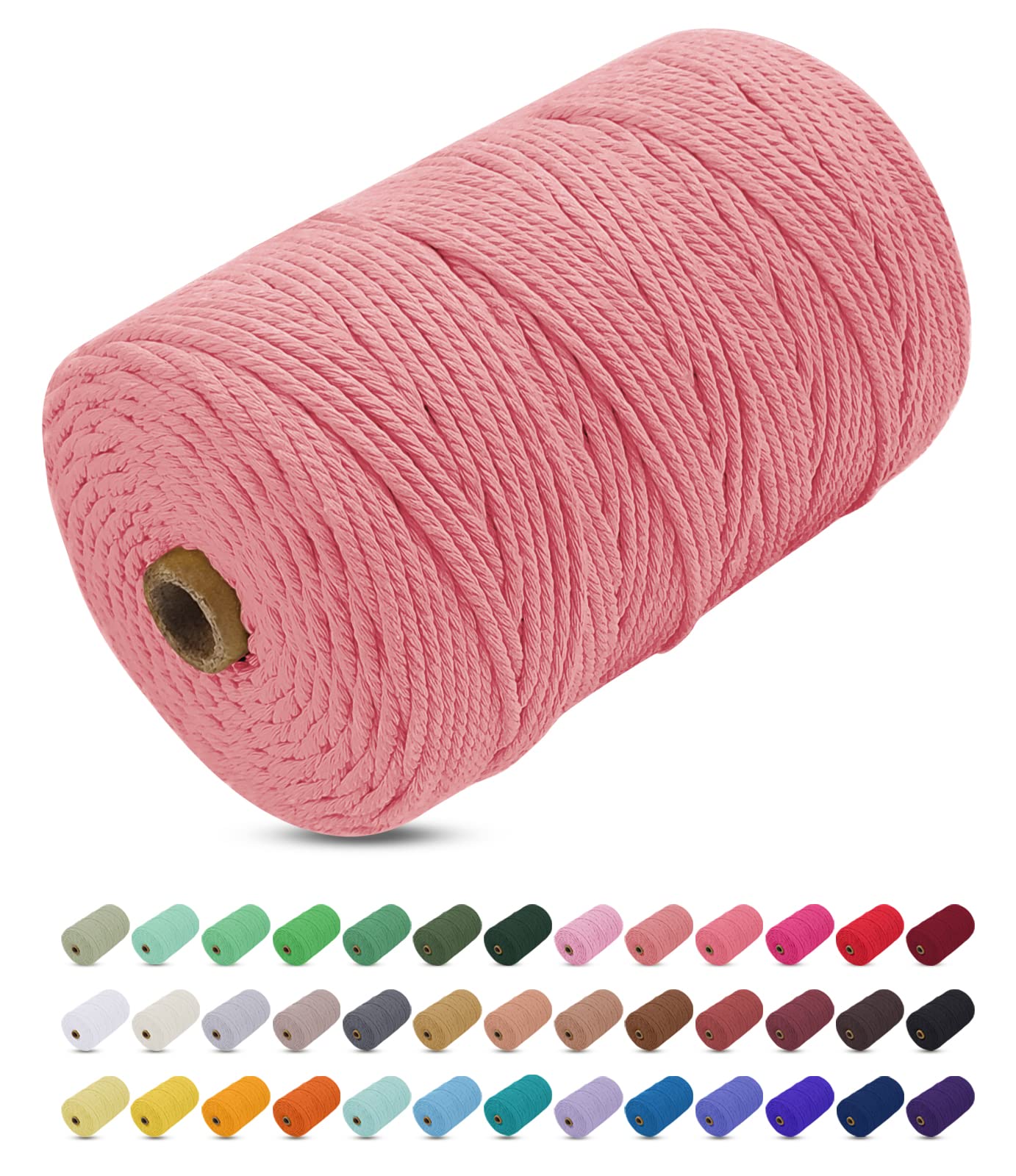 Uiopa Macrame Cord 3mm x 200m, Thick Macrame Rope Yarn Soft Natural Cotton Cord, Coloured 4-Ply Macrame String for DIY Craft, Plant Hangers, Wall Hanging, Christmas Decorations (Flesh Pink) — image 1
