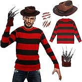 GOBWCOT Halloween Killer Costume Adult Green And Red Striped Sweater Hat Gloves Horror Movie Nightmare Devil Cosplay Outfit