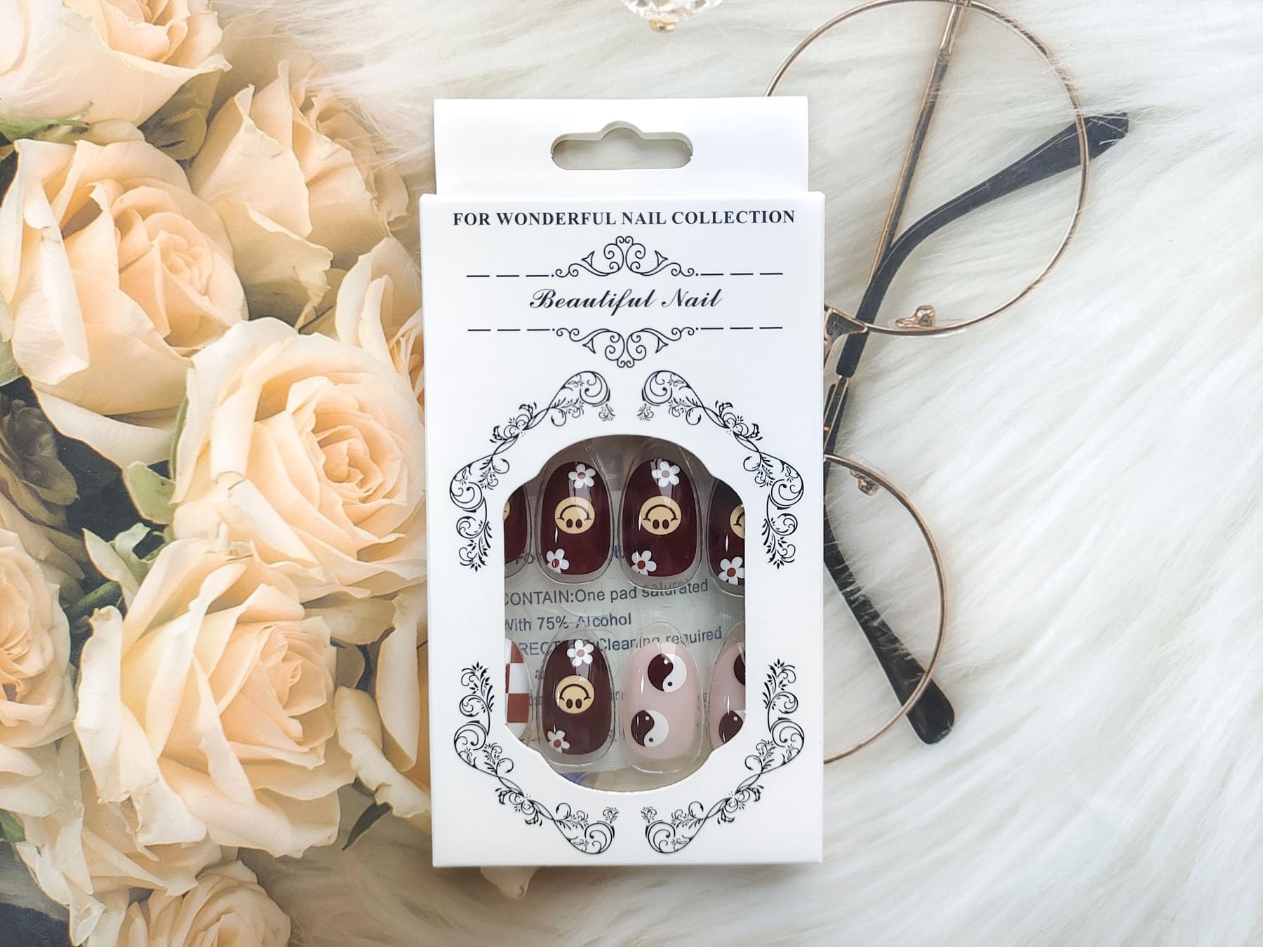 Short Press on Nails Fall Cute Face Fake Nails Winter Brown Oval Glue on Nails Glossy Coffee with Checkerboard Flower Heart Design Short Nails Full Cover French Tip False Nails for Women Girls - Image 7