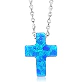 Gem Stone King 8MM Created Blue Opal Cross Pendant Necklace | Unisex | 925 Sterling Silver | With 18 Inch Silver Chain
