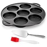 Hiceeden Cast Iron Muffin Pan, 7 Impressions Biscuit Pan with Handle, Pancake Mini Cake Pan with Spreader and Shovel for Baking Dessert, Cupcake