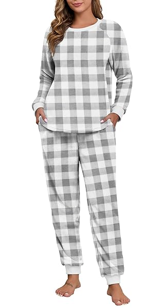 PRINSTORY FLUFFY PAJAMAS FOR WOMEN SOFT FLEECE WARM PAJAMA SET FUZZY PJS WINTER 2 PIECE FLANNEL LOUNGE SETS WITH POCKETS FP-GRAY SMALL PLAID-L