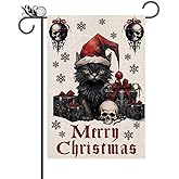 Gothic Christmas Garden Flag Black Cat Goth Halloween Christmas Decor Winter Vertical Burlap Double Sided Yard Welcome Flag Seasonal Xmas Decorations for Festival Holiday Winter Decorations Gifts 12.5*18 Inch