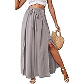 LYANER Women's Tie Front High Waist Side Split Slit Flowy Wide Leg Pleated Pant with Belt