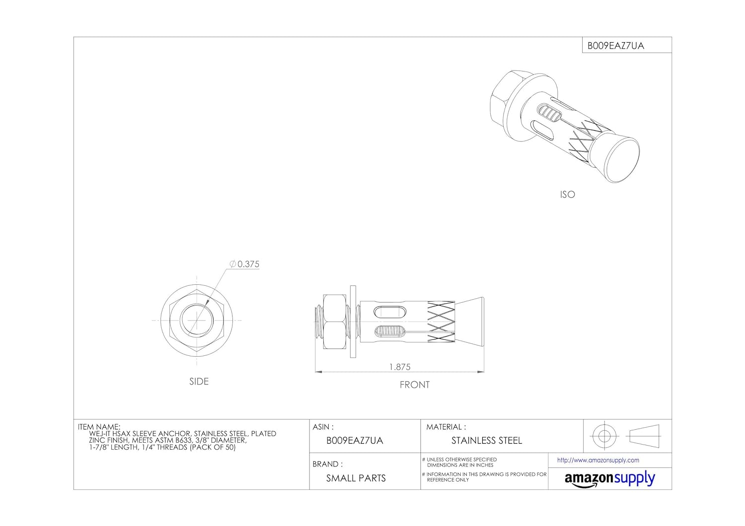 Pack Of 50 3/8 Diameter Zinc Plated Finish 1/4 Threads Meets ASTM B633