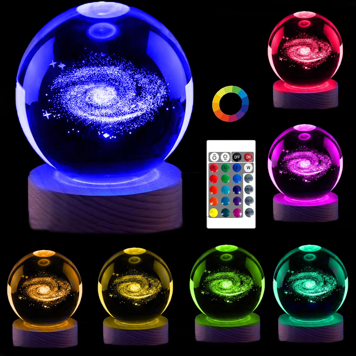 Genyerl3D Galaxy Light,16 Color Solar System Crystal Ball Night Light,3.15 Inch Galaxy Glass Ball Lamps with Remote Control LED Wooden Base,Unique Astronomy Universe Gifts for Boys Girls (GY-Galaxy) — image 1