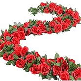 ZWYOQI 16 FT Fake Rose Vine Garland Artificial Flowers Plants Hanging Rose Ivy Home Hotel Office Wedding Party Garden Décor (Red/2PCS)