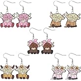 Whaline 5 Pairs Highland Cow Acrylic Earrings Cute Cow Dangle Earrings Decorative Drop Earrings for Women Girls Jewelry Party Gift Accessories Supplies