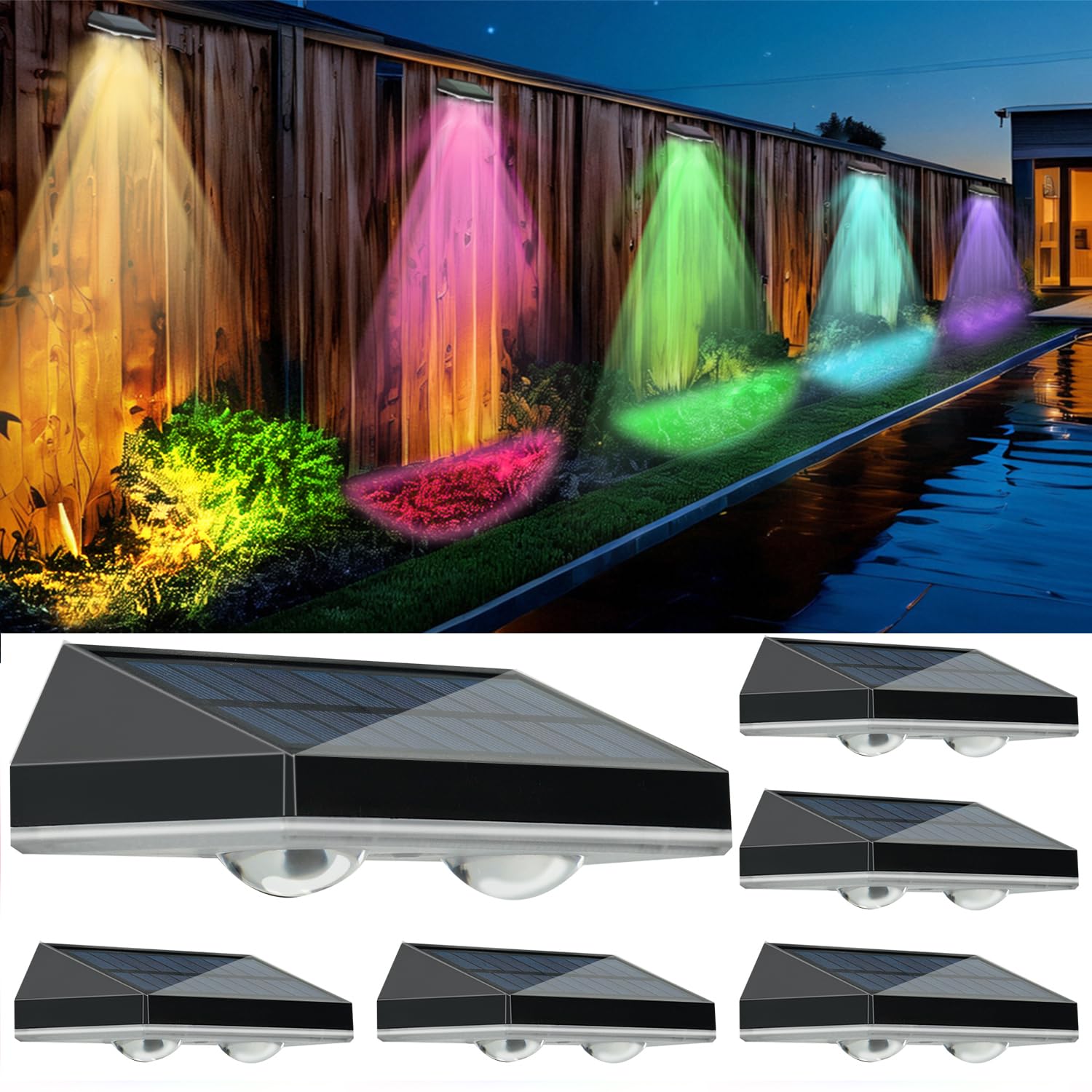 hixyer Solar Fence Lights 6 Pack, Solar Wall Lights Outdoor Garden 8 Modes Warm White & RGB Colors Waterproof Solar Lights for Outside, Backyard, Patio, Deck, Stair, Step, Railing