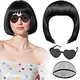 PLULON Black Bob Wig with Heart Sunglasses and Hair Cap, Colorful Short Bob Wigs Synthetic Party Wigs Funny Cosplay Hairpieces for Women Men Daily Bachelorette Halloween Costume Party Decorations