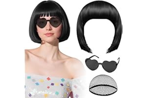 PLULON Black Bob Wig with Heart Sunglasses and Hair Cap, Colorful Short Bob Wigs Synthetic Party Wigs Funny Cosplay Hairpiece