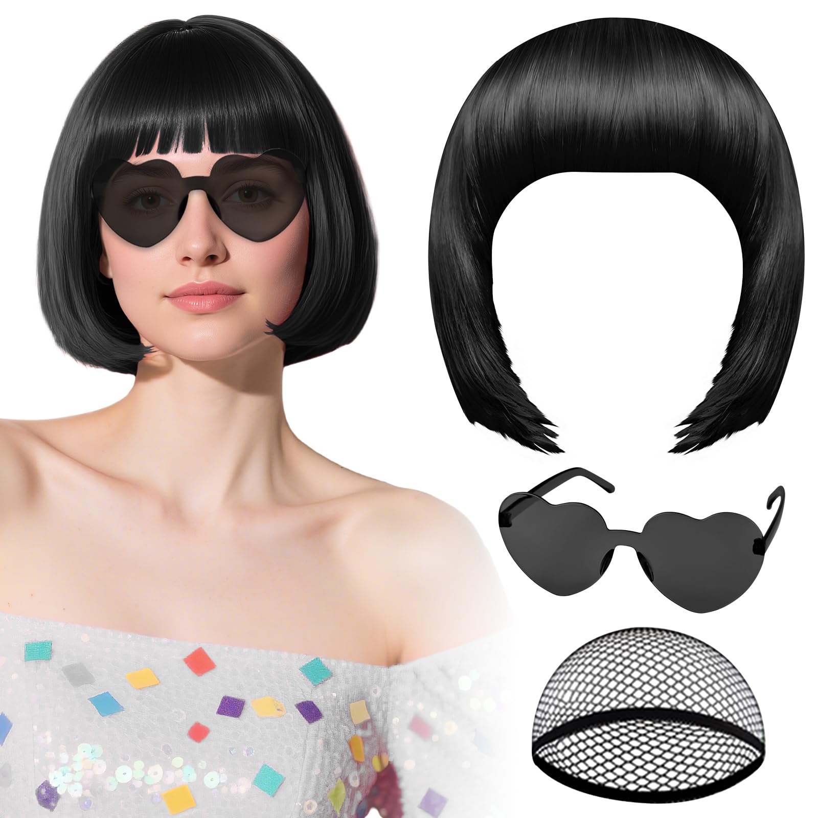 Photo 1 of PLULON Black Bob Wig with Heart Sunglasses and Hair Cap, Colorful Short Bob Wigs Synthetic Party Wigs Funny Cosplay Hairpieces for Women Men Daily Bachelorette Halloween Costume Party Decorations