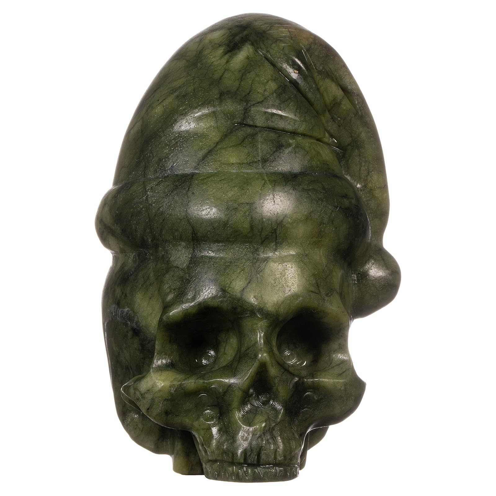 mookaitedecor Hand Carved Natural Green Jade Stone Skull Ornament with Sleep Hat Cute Gothic Home Decor, Spooky & Funny Crystal Skull Art Statue Sculpture Gift Green Living Room Decor Halloween Decor