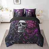 Feelyou Sugar Skull Comforter Set with Sheets Purple Blue Rose 7 Piece Bedding Set Queen Size for Kids Gothic Skull Bed in a Bag Scary Bed Set