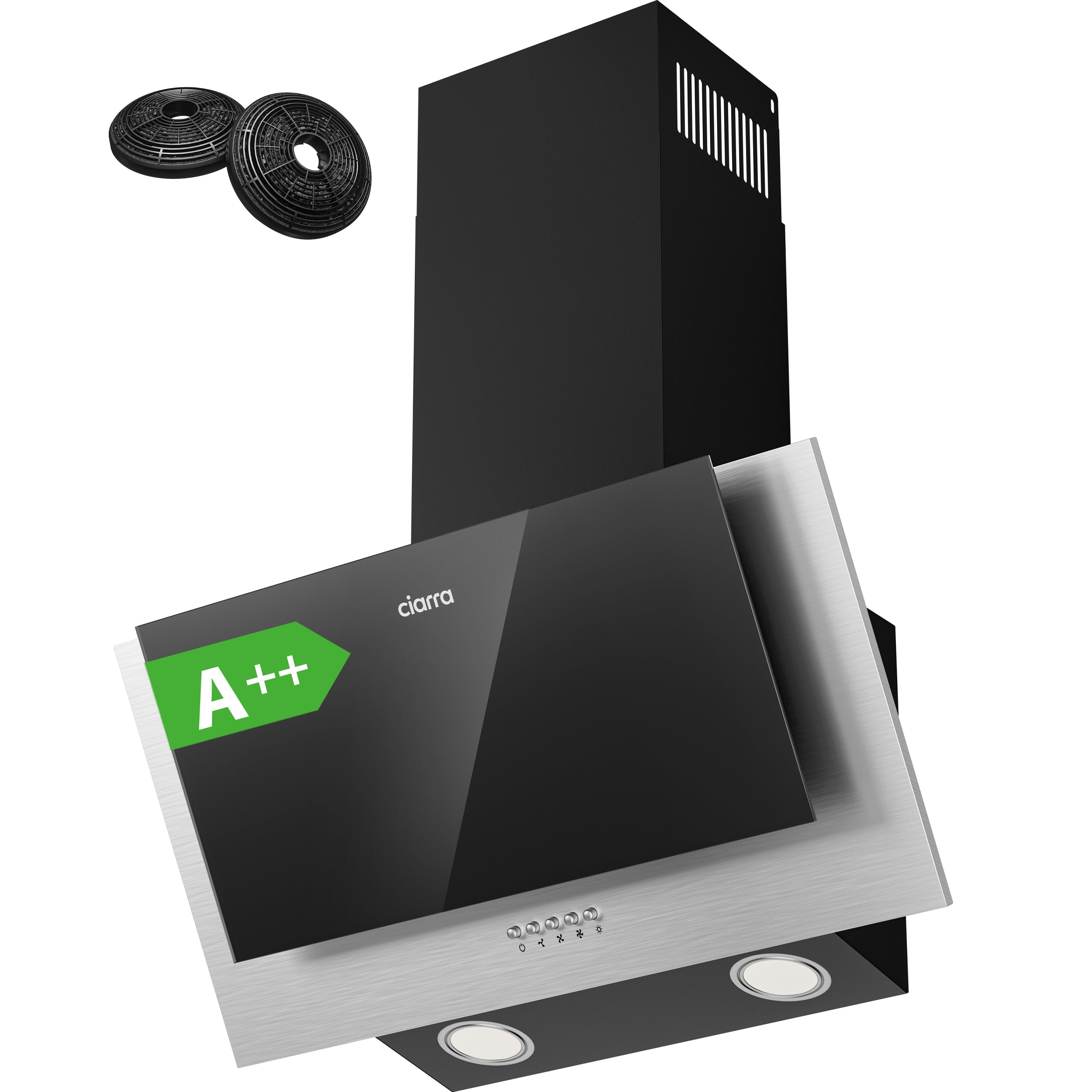 CIARRA CBCB6736C Angled Cooker Hood 60cm with CBCF002X2 Carbon Filters Recirculating & Ducting LED Lights Black Painting&Tempered Glass Wall Mounted Range Hood 600mm Kitchen Extractor Fan