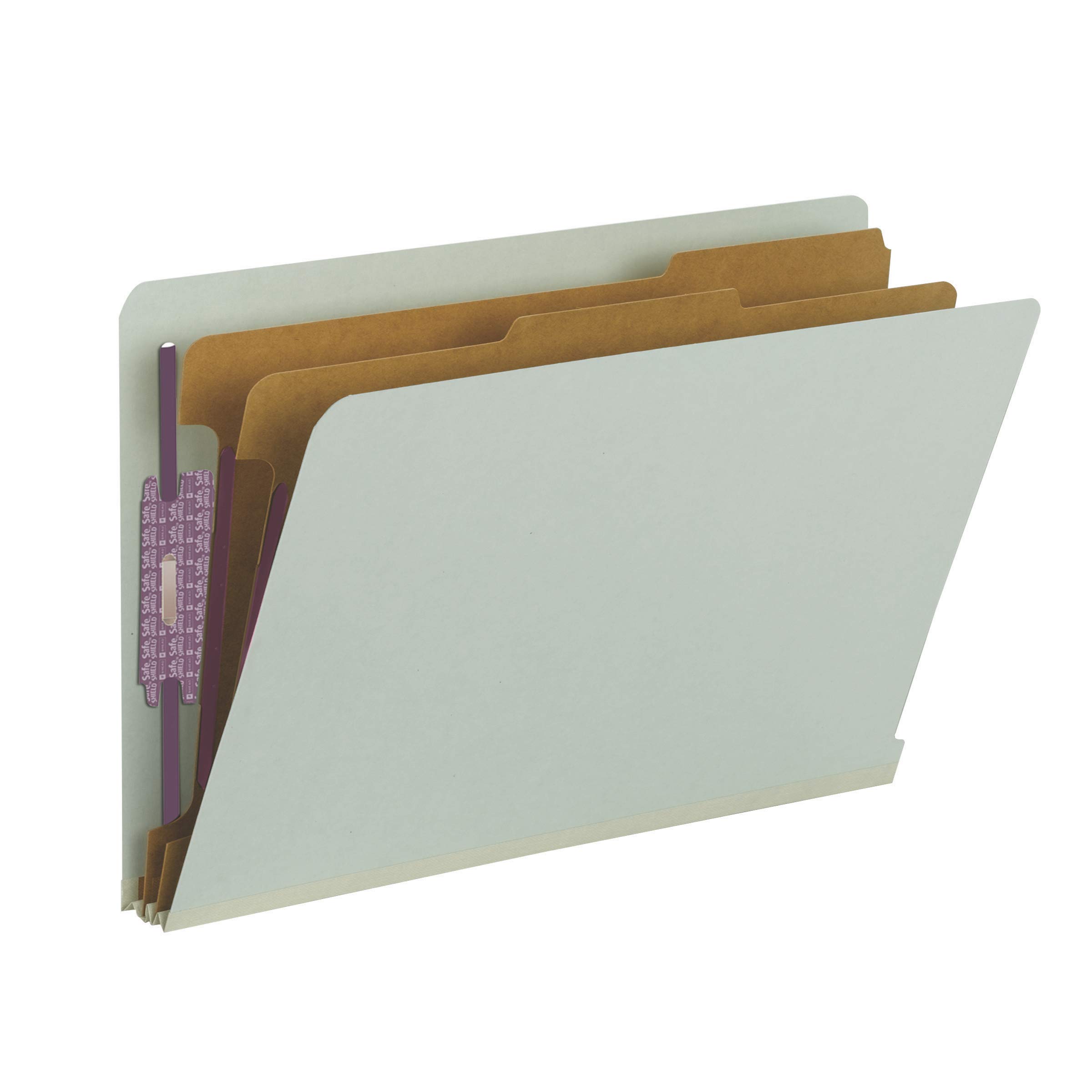 Photo 1 of Smead File Folders, End Tab Pressboard Classification, Legal Size, 2 Dividers, 2" Expansion, SafeSHIELD Fasteners, 100% Recycled, Green, 10 per Box, Shelf Filing for Office Records