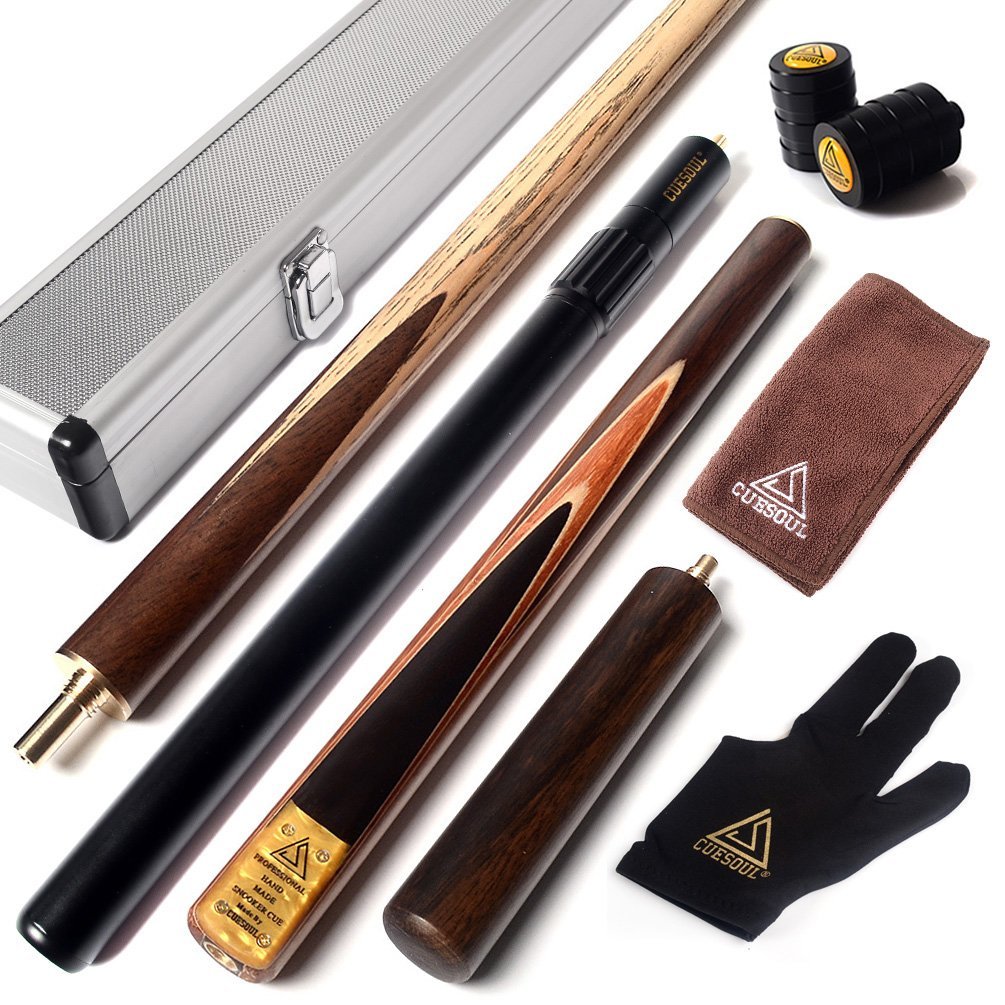 CUESOUL 57" 3/4 Jointed Snooker Billiard Pool Cue Handcrafted 18oz with Telescopic Aluminium Extension & 6" Walnut Extension, Ash Shaft & Walnut Butt, in Aluminium Cue Case, 9.5mm Tip Snooker Cue Set