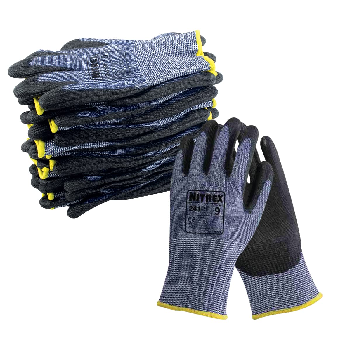 NITREX 241PF Work and Safety Gloves, Bag of 10 Pairs, Size 9 - F Rated Cut Resistant Gloves with Seamless Liner and PU Palm Coating