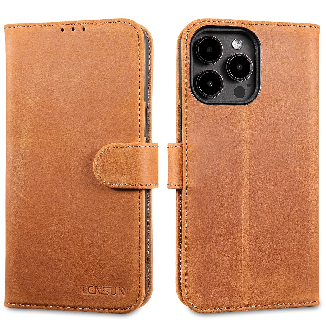LENSUN Flip Case for iPhone 15 Pro Max, Genuine Leather Wallet Phone Cover [RFID Blocking] with Card Holder and Magnetic Closure for Apple iPhone 15 Pro Max - Vintage Brown — image 1