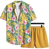 GORGLITTER Men's 2 Piece Cruise Outfits Floral Button Down Short Sleeve Shirt and Shorts Sets Summer Vacation Beach Clothes