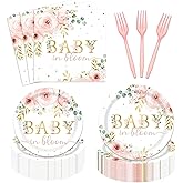 96 PCS Baby in Bloom Party Tableware Spring Floral Baby Shower Disposable Paper Plates Napkins Forks for Girl Pink Sage Green Party Decorations 24 Guests