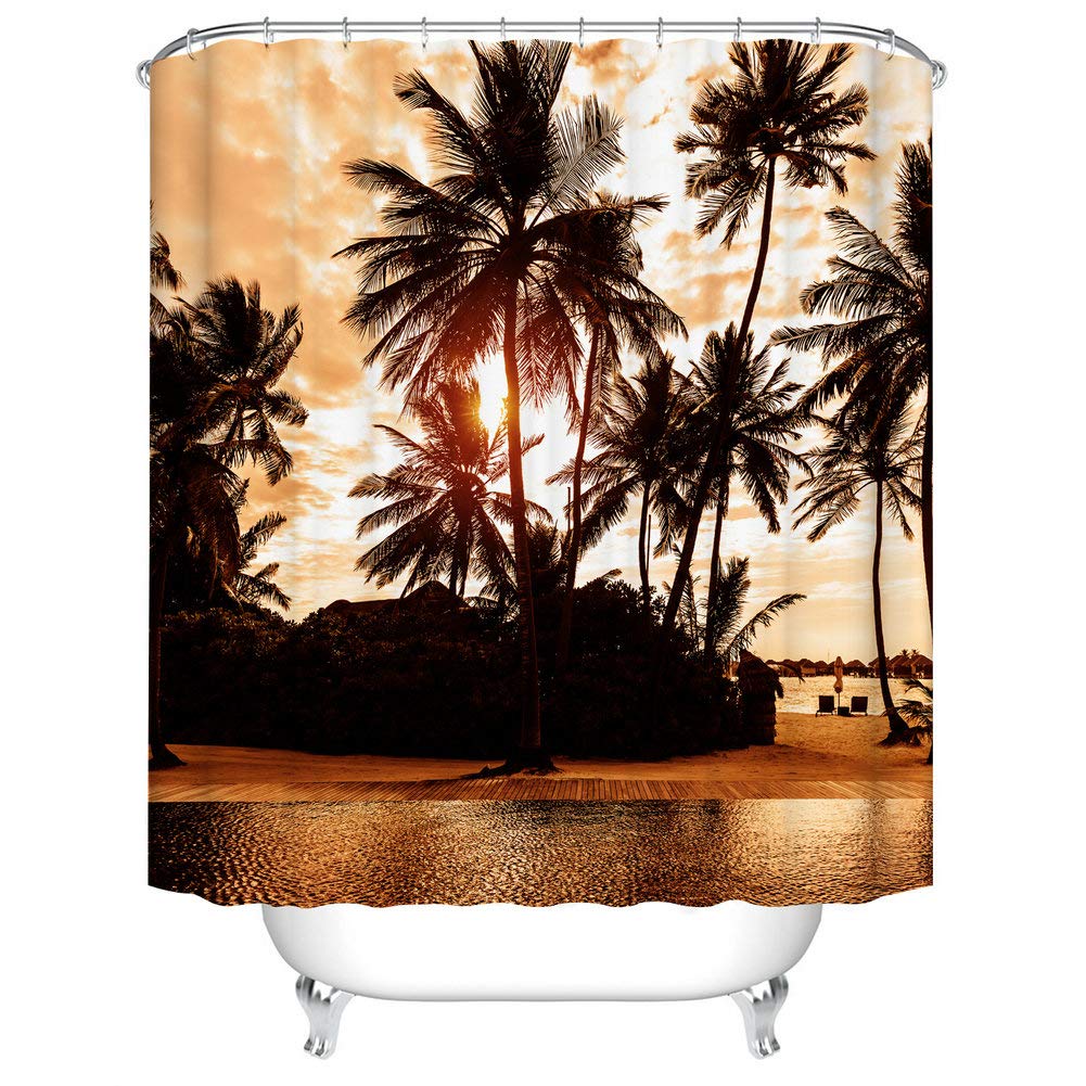 Fangkun Hawaiian Decor Shower Curtain Set - Palm Tree Shore Caribbean Mist Honeymoon Traveling Resort Scenic Sunset Image - Polyester Bath Curtains Set - 12pcs Hooks - 72 x 72 inches