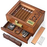 XIFEI Cigar Humidor Box, Cedar Wood Desktop Cigar Case with Digital Hygrometer, Humidifier, Divider, Accessories Drawer and Combination Lock, Glass Top Humidors Gift for Men (Brown)