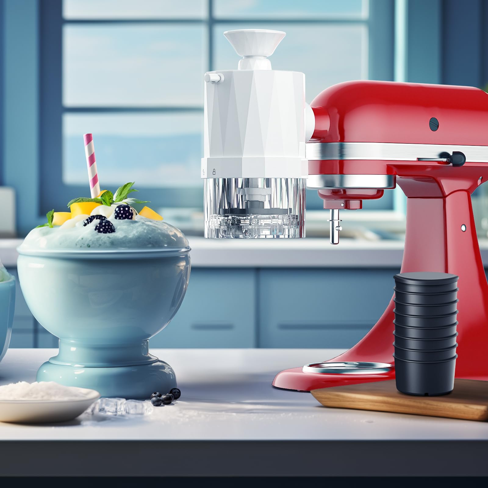 Shaved Ice Attachment for KitchenAid Stand Mixer, Shaved Ice Machine for Kitchenaid Mixer Attachments with Coarse and Fine Blades, 8 Ice Cube Molds