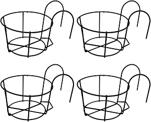 4 Pack Round Hanging Railing Planters, Flower Pot Holders, Metal Pot Plant Basket, Shelf containers for Indoor and Outdoor use (Black)