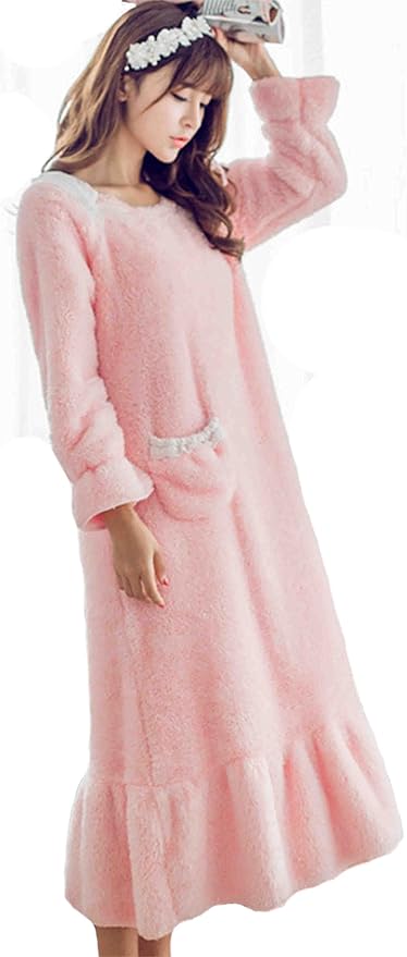 Amazon ケイミ Keimi ルームウェアワンピース ポンポン パジャマ マキシ丈レディース 可愛いルームウェア ワンピース もこもこ モコモコ ふわもこ リボン フレア 長袖 あったか 冬用 ルームウェア ピンク ルームワンピース ネグリジェ 通販