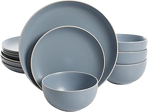 Gibson Home Rockaway Round Stoneware Dinnerware Set, Service for 4 (12pcs), Matte Blue