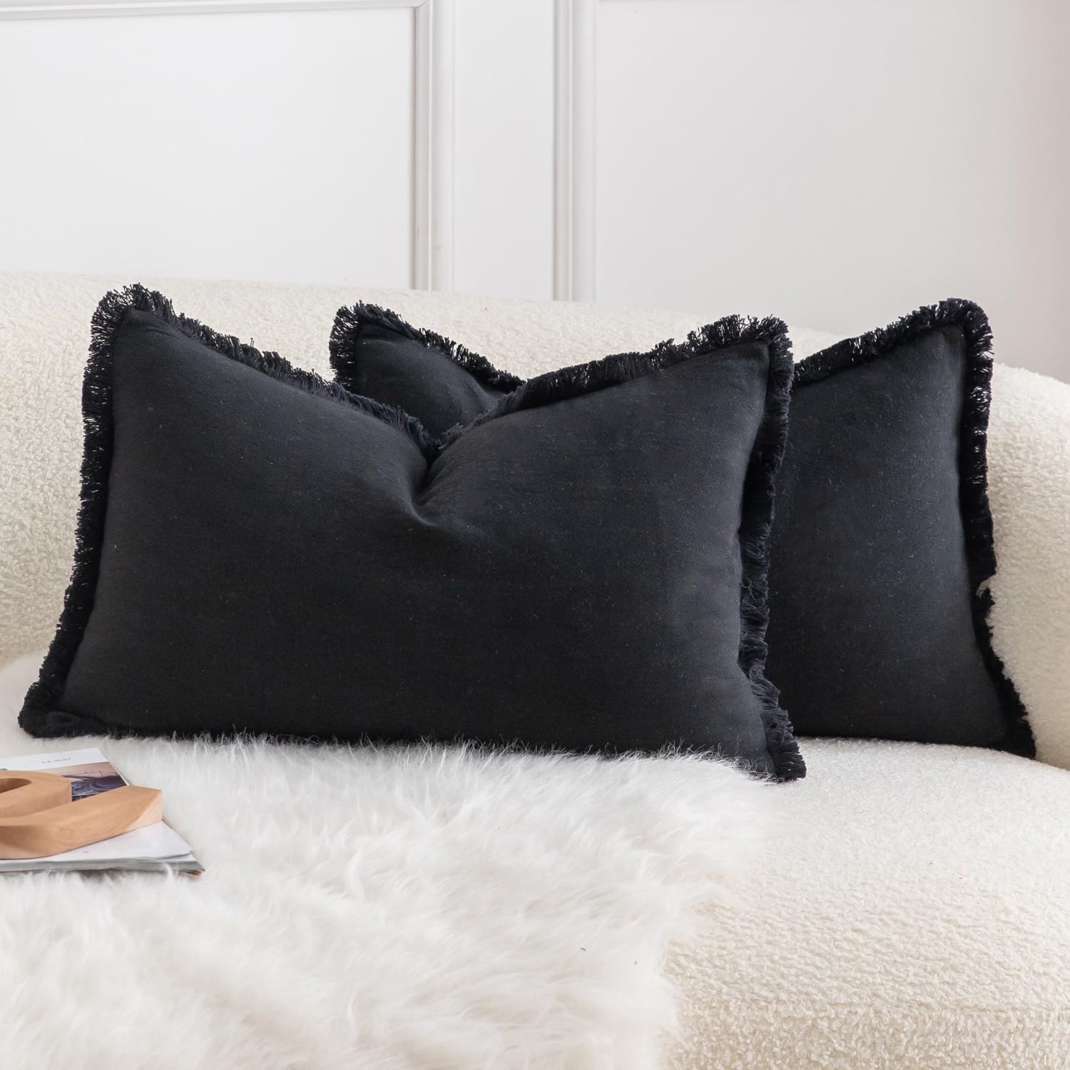 Mandioo Set of 2 Neutral Cotton Fringe Cushion Covers 30x50 cm 12x20 inch Decorative Boho Farmhouse Throw Pillowcase Cozy Tassels for Couch Sofa Bedroom Living Room Home Decor Black