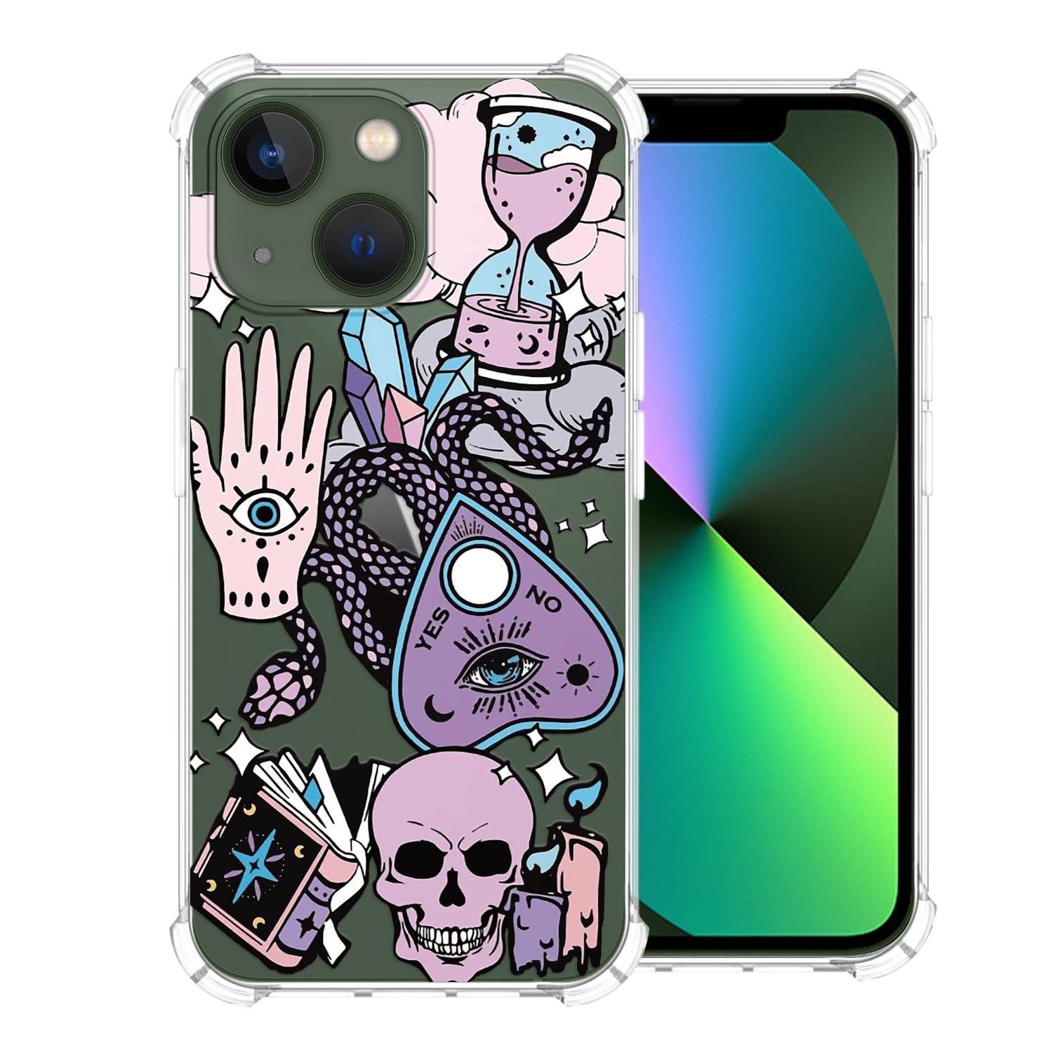 CAROKI Clear Case for iPhone 13,Shockproof Transparent Bumper Cover Soft Silicone Rubber TPU Bumper Clear Cover Phone Case with Birds Pattern for iPhone 13-Purple Skull