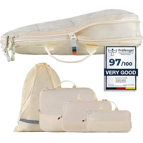 TRAVEL DUDE Compression Packing Cubes – Packing Cubes Compression Set for Suitcases, Backpacks & Travel – Lightweight, Compressible Travel Organisers for Luggage (4 pieces, Sand Beige)
