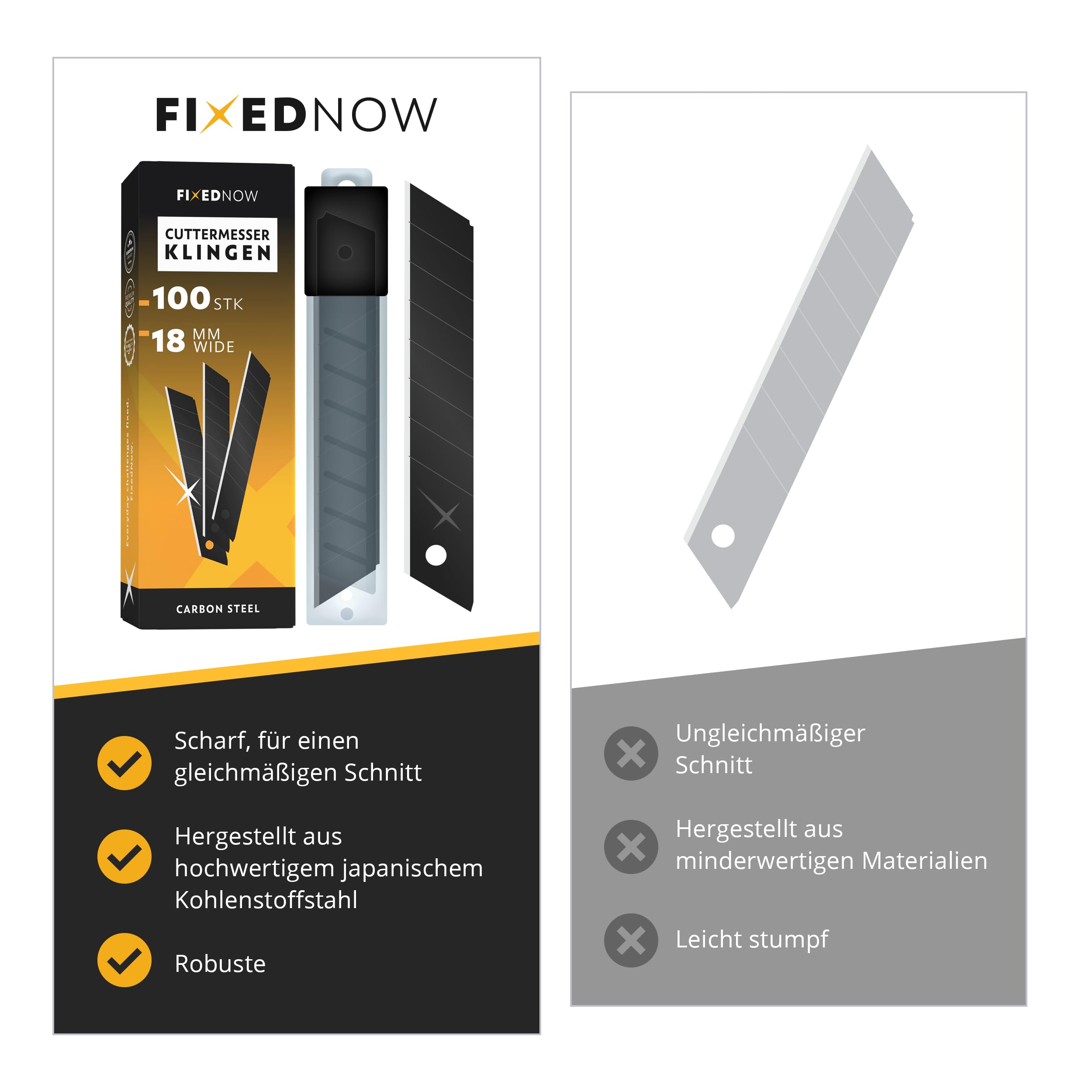 FixedNow 100 x Cuttermesser Klingen 18mm extra scharf aus japanischem Carbonstahl I Profi Abbrechklingen schwarz für Cutter Messer & Teppichmesser I Kattermesser Ersatzklingen, Knife Blade 3