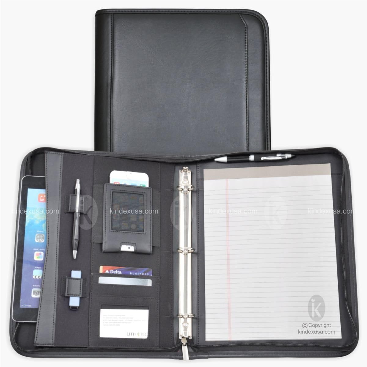 Letter Size Business Briefcase, Organizer, Portfolio, 1 inch 3-Ring Binder, Zippered Closure, iPad Case, iPhone Holder, USB Drive Holder, Memo pad, Leatherette/Simulated Leather/Vinly