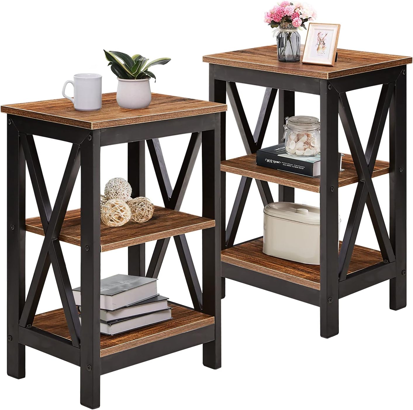 VECELO Versatile Side/End Table with Storage Shelf Nightstands for Living Room,Bedroom Furniture,Brown/Set of 2, Shelves