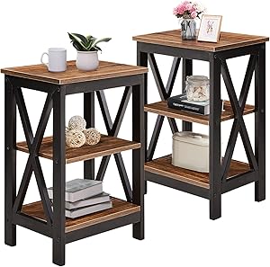 VECELO Versatile Side/End Table with Storage Shelf Nightstands for Living Room,Bedroom Furniture,Brown/Set of 2, Shelves
