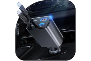 CSODINCE 2026 Updated 69W Retractable Car Charger, 4-in-1 Fast Car Phone Charger with 2.6ft Two Retractable Cables and USB C+USB A Car Charging Block Cube, Compatible with iPhone 13 14 15 16 17 Pro Max, Plus