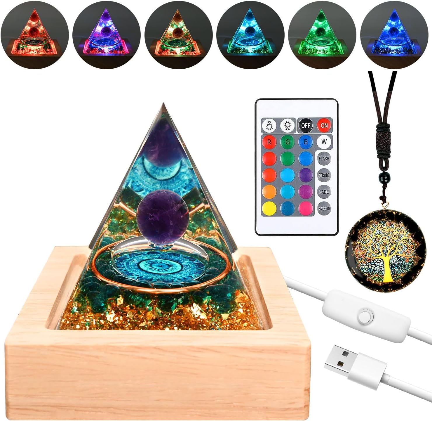 Mixed Media - Zurligi Organite Orgone Pyramid, Orgone Pyramid with Wooden Led Display Base with Remote Control Amethyst Chakra New Inspirational Orgonite Crystal Pyramid Kit for Positive Energy Money Success