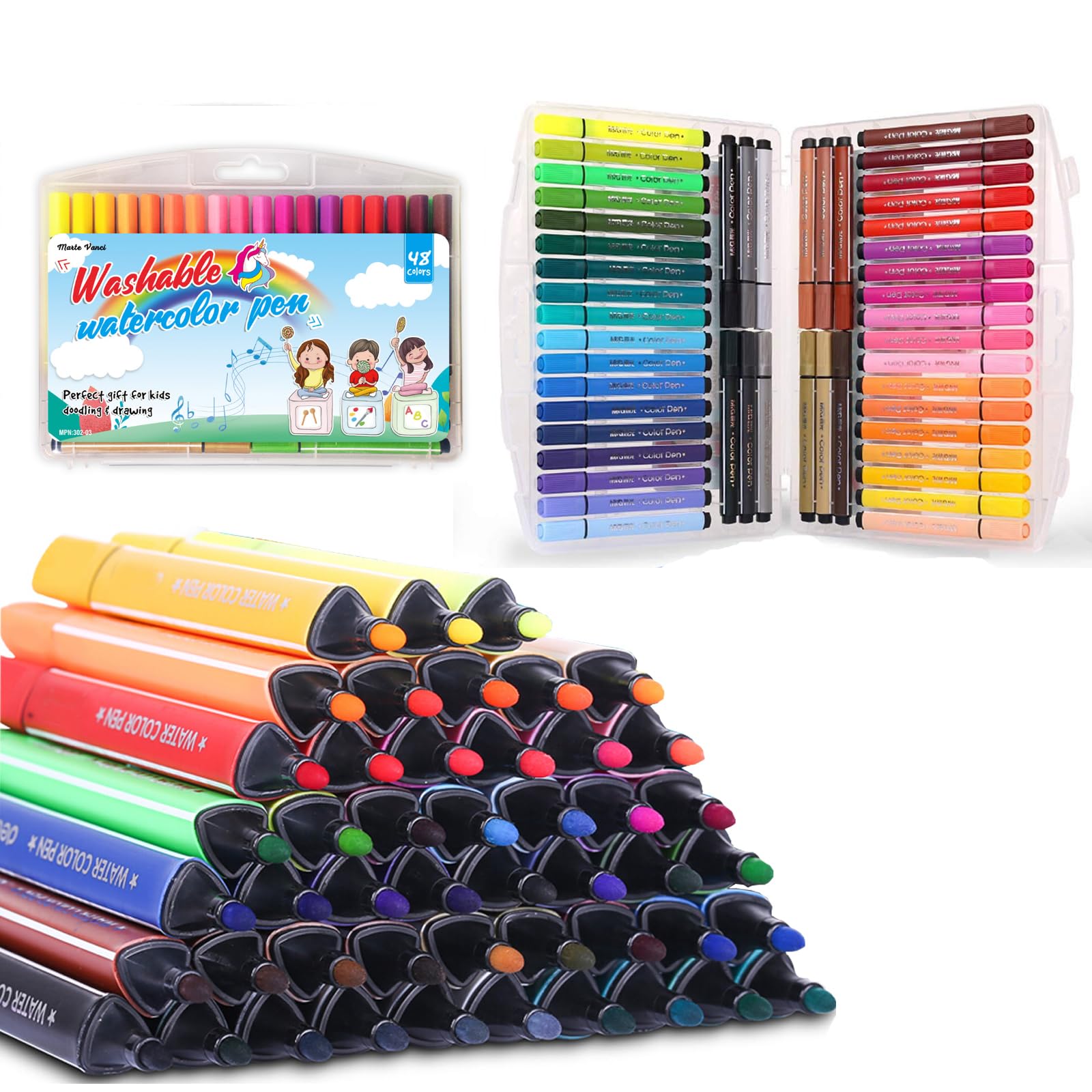 Marte Vanci Colouring Pens for Kids, 48 Colour Washable Felt Tip Pens for Children, Chunky Fibre Tip Water-Based Coloured Marker Gift Set with Storage Case for Christmas Adult Colouring Books Drawing