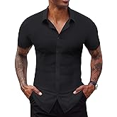 Lion Nardo Stretch Dress Shirts for Men Short Sleeve Slim Fit Casual Button Down Shirts Muscle Fit Men's Dress Shirts