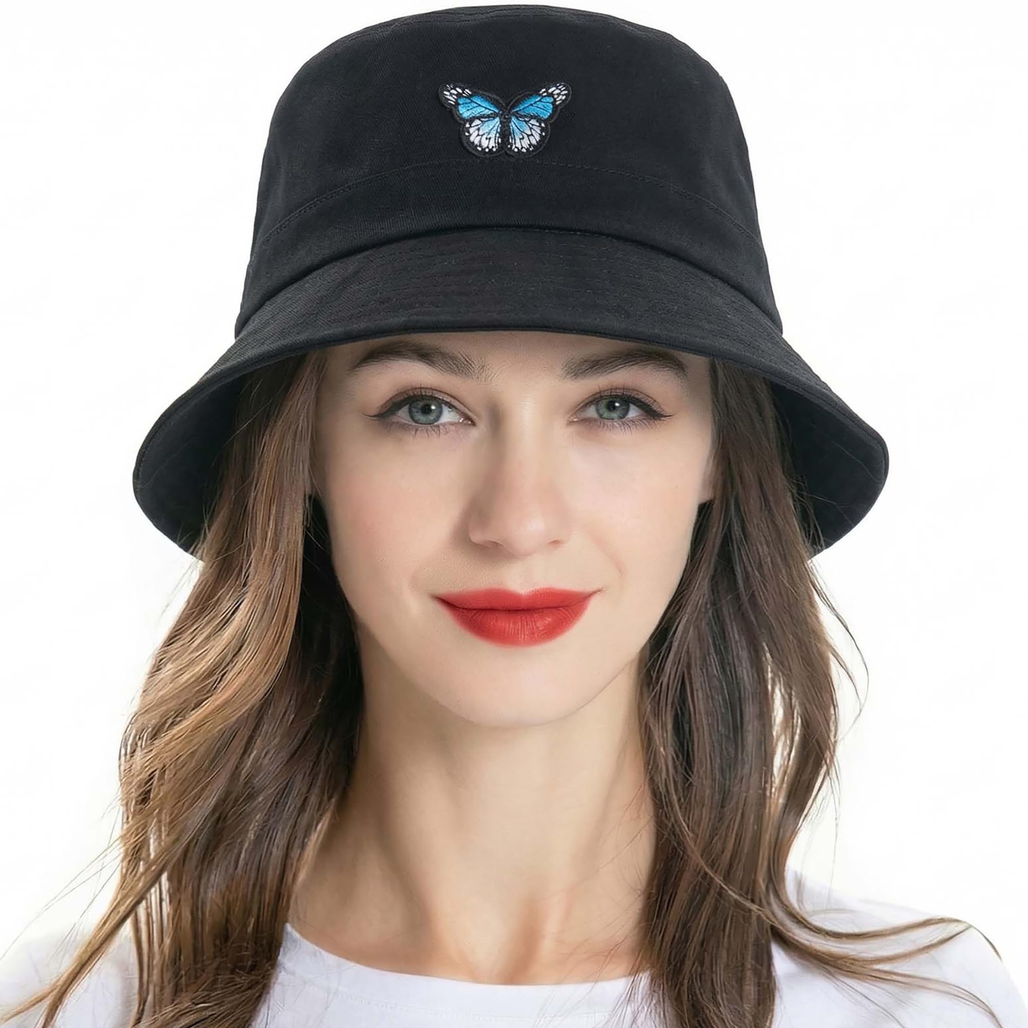 ZLYC Women Men Bucket Hat Embroidered Sun Fishing Hats Summer Outdoor Hat(Butterfly Black),One Size