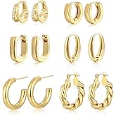 9 Pairs Small Gold/Silver Hoop Huggie Earrings Set for Women, 14K Gold Plated Chunky Hoop Small Earring Hypoallergenic Thick Open Lightweight Chunky Hoop Earrings Jewelry for Gifts